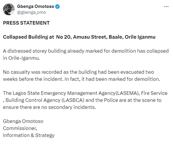 Update: Collapsed building was evacuated two weeks ago and had been marked for demolition - Lagos state Commissioner for Information says