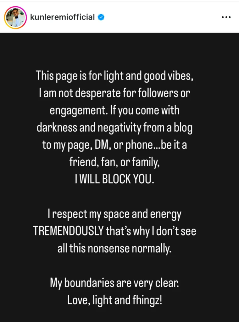 Actor Kunle Remi issues stern warning to trolls coming to his page with “darkness and negativity from a blog”