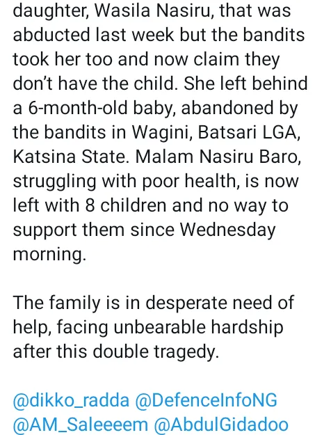 Bandits abduct nursing mother delivering ransom to secure release of her kidnapped daughter in Katsina