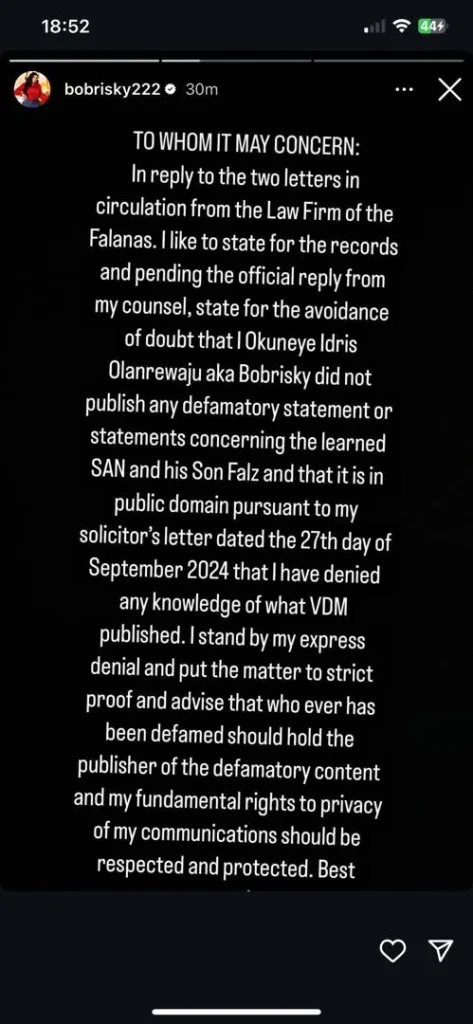 ''I didn’t give Falz or his dad money for pardon. The person that published an audio online should take full responsibility - Bobrisky