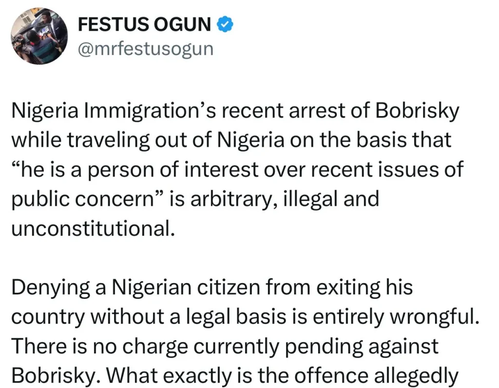 Denying a Nigerian citizen from exiting his country without a legal basis is entirely wrongful- humanrights lawyer kicks against Bobrisky’s arrest while trying to leave Nigeria to Benin Republic