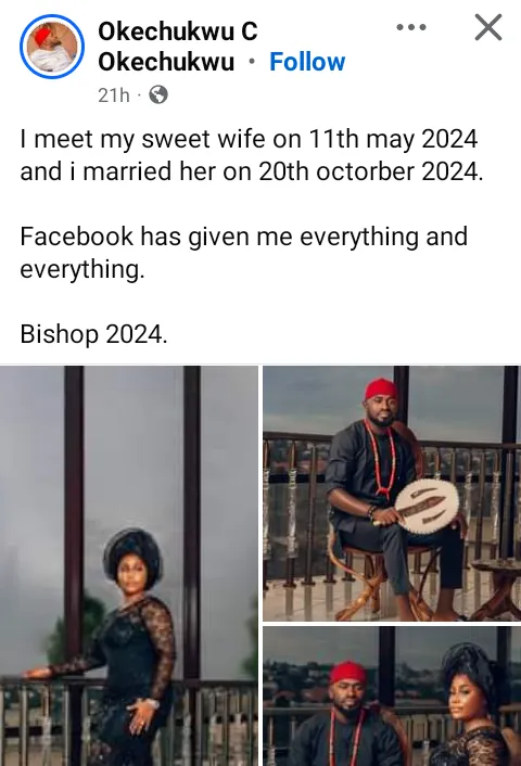 Facebook has given me everything - Nigerian man says as he marries his woman 5 months after they met online