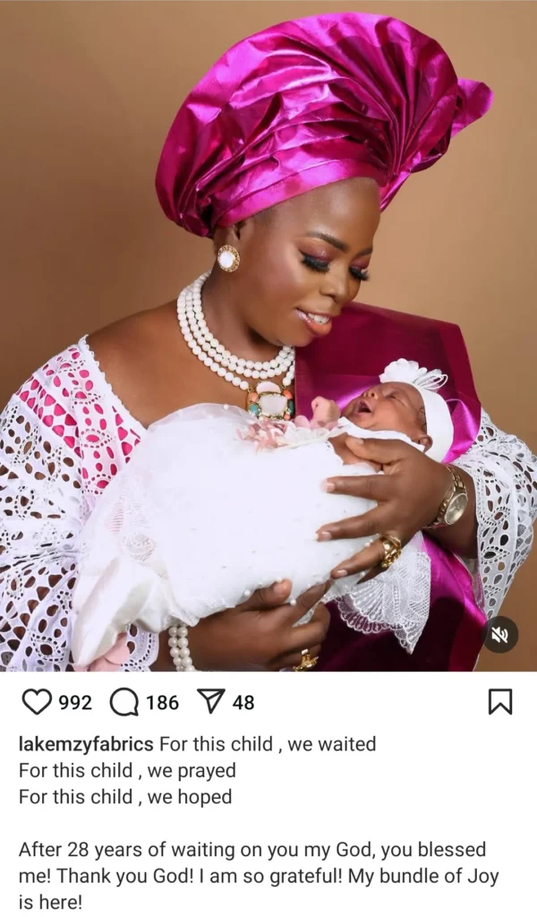 "For this child we waited" Nigerian woman celebrates as she welcomes first child after 28 years of waiting