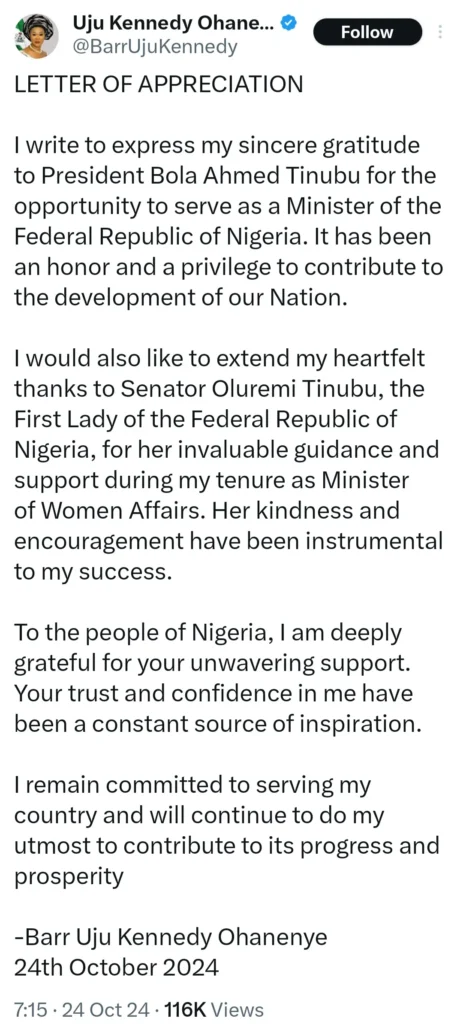 Former Minister of Women Affairs, Uju Kennedy Ohanenye speaks after being sacked by Tinubu