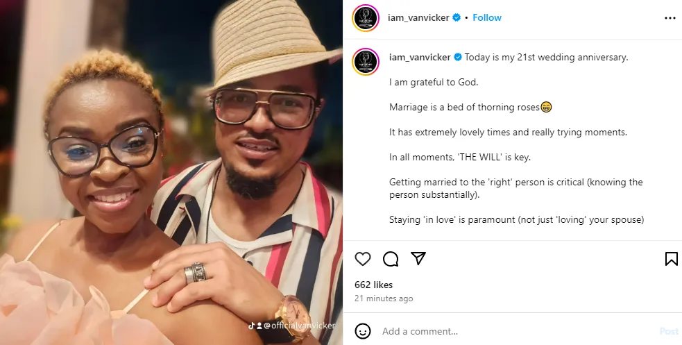 “I have no regrets being married and staying married” - Actor Van Vicker writes as he celebrates his 21st wedding anniversary