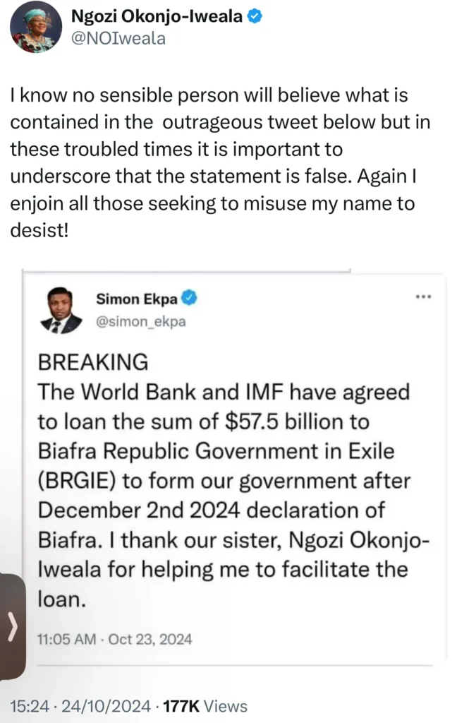 ''I know no sensible person will believe this” - Ngozi Okonjo-Iweala responds to claims that she helped the Biafra Republic Government secure a $57.5m loan from World Bank and IMF