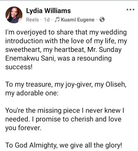 I promise to cherish, support and adore you forever - Nigerian lady writes as she shares wedding introduction photos with her burn survivor fiancé