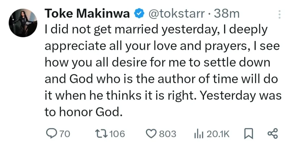 "I'm still very much single" Toke Makinwa reiterates as she reveals her parents have been bombarded with calls