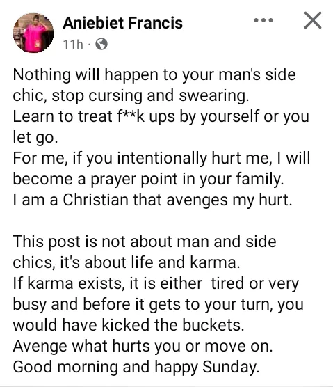 Karma is busy. Nothing will happen to your man's side chick - Nigerian filmmaker Aniebiet Francis advises women