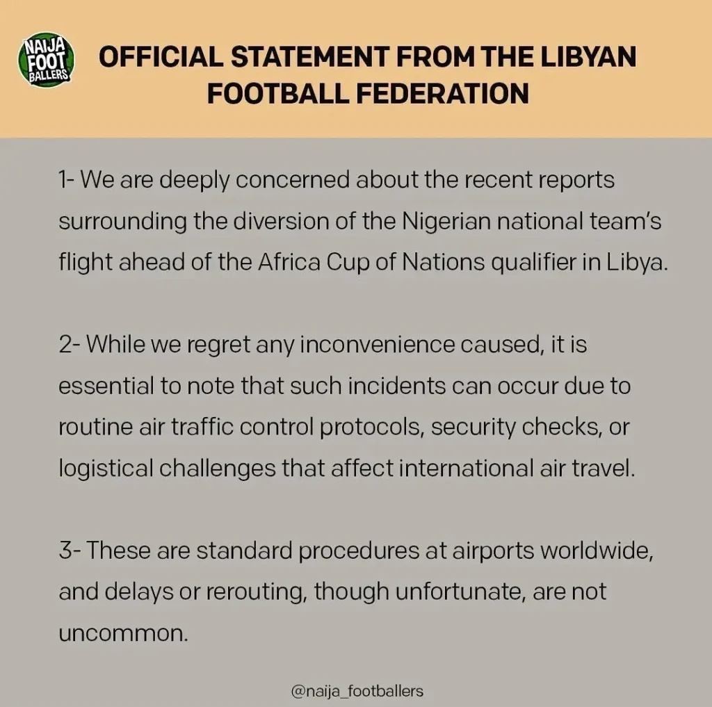 Super Eagles: "Our team faced major challenges in Nigeria last week but we didn't make public accusations'' - Libyan Football Federation releases statement