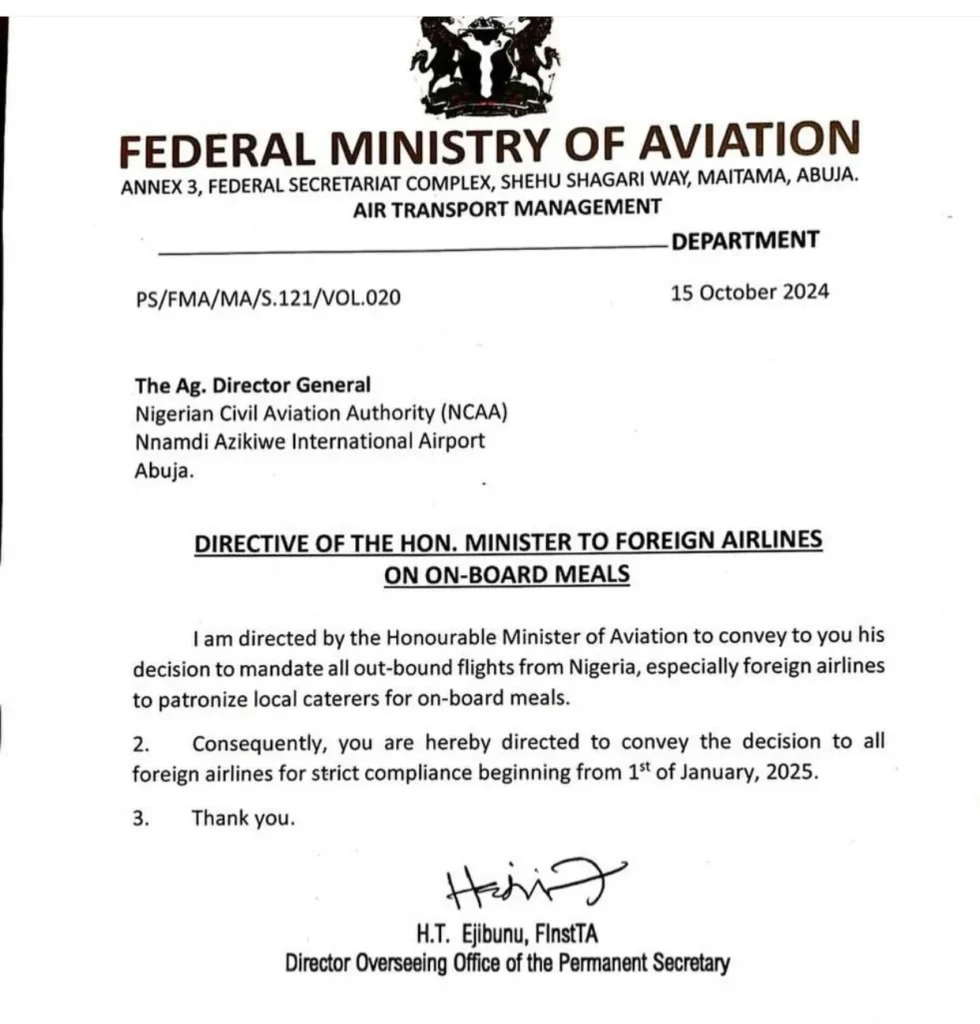 Minister of Aviation directs airlines to patronise local caterers for onboard meals