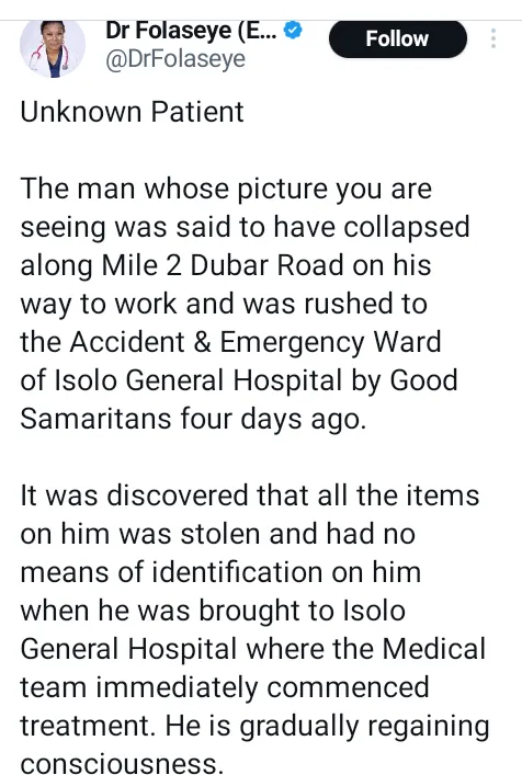 Nigerian doctor seeks public's help to locate family of man who collapsed along road in Lagos