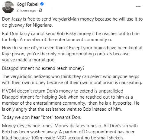 Nigerian man knocks VeryDarkMan for accepting N100m donation from Don Jazzy few weeks after criticizing him for donating money to Bobrisky