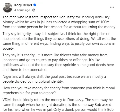 Nigerian man knocks VeryDarkMan for accepting N100m donation from Don Jazzy few weeks after criticizing him for donating money to Bobrisky