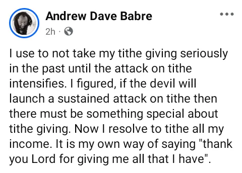 Nigerian man says he has resolved to tithe all his income