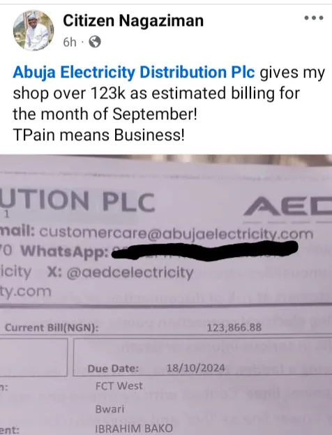 Nigerian tailor laments after receiving over N123,000 electricity bill for September