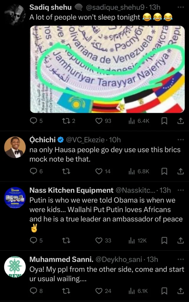 Nigerians react after Hausa language is used as official language of Nigeria on the proposed currency of BRICS