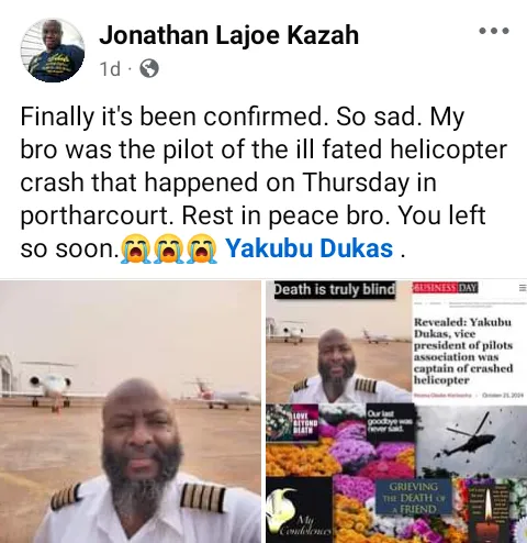 Port Harcourt helicopter crash: Friends mourn d£ath of pilot