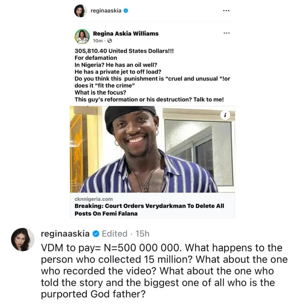 Regina Askia responds to the backlash she received for making a case for VDM after he was ordered to delete defamatory posts about the Falanas