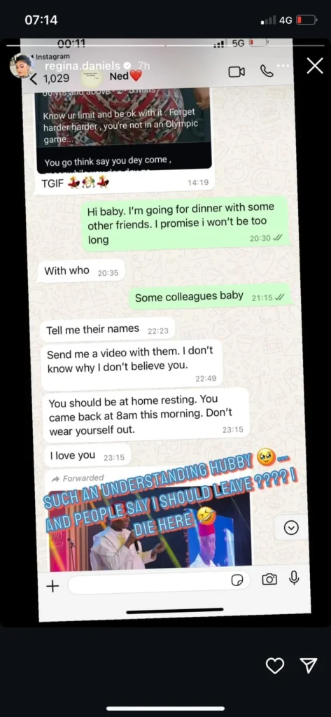 And people say I should leave? I d!e here - Regina Daniel’s says as she shares screenshot of chat with husband Ned Nwoko who was concerned about her