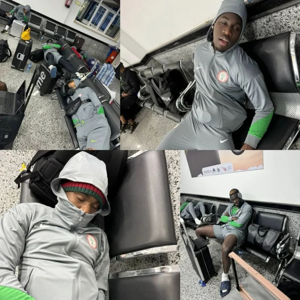 Super Eagles captain, William Troost-Ekong shares photos of his teammates currently stranded at Libyan airport for almost 20 hours.