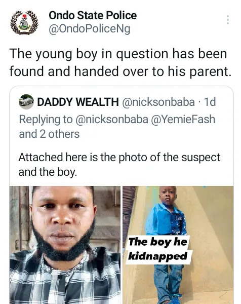 Suspect on the run as police rescue kidnapped 6-year-old boy in Ondo