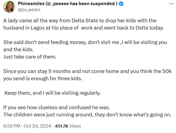 Woman travels from Delta to Lagos to leave her children with their father at his workplace for failing to visit home in nine months