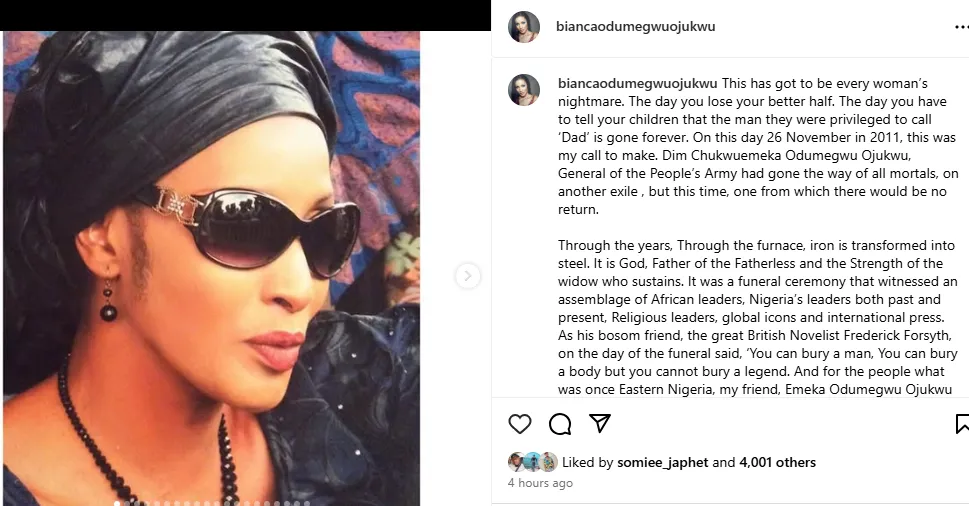 Bianca Ojukwu Pays Tribute to Biafra Leader Dim Odumegwu Ojukwu 13 Years On