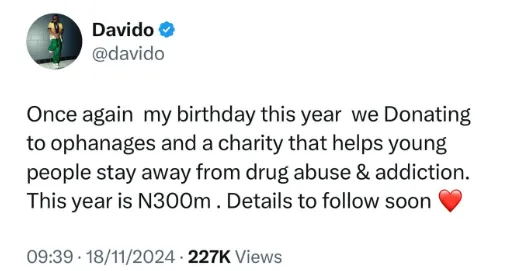 Davido Pledges N300 Million to Orphanages for Birthday Celebration