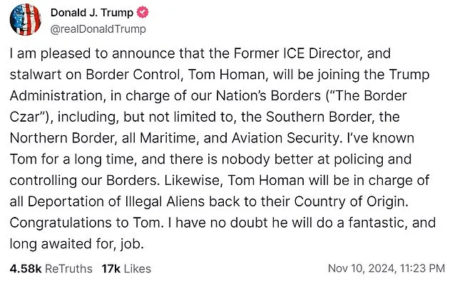 Donald Trump Appoints Tom Homan for Ambitious U.S. Mass Deportation Plan