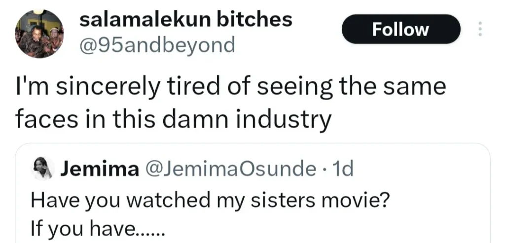 Jemima Osunde Defends Nigerian Film Industry Against Criticism on Repetitive Casting