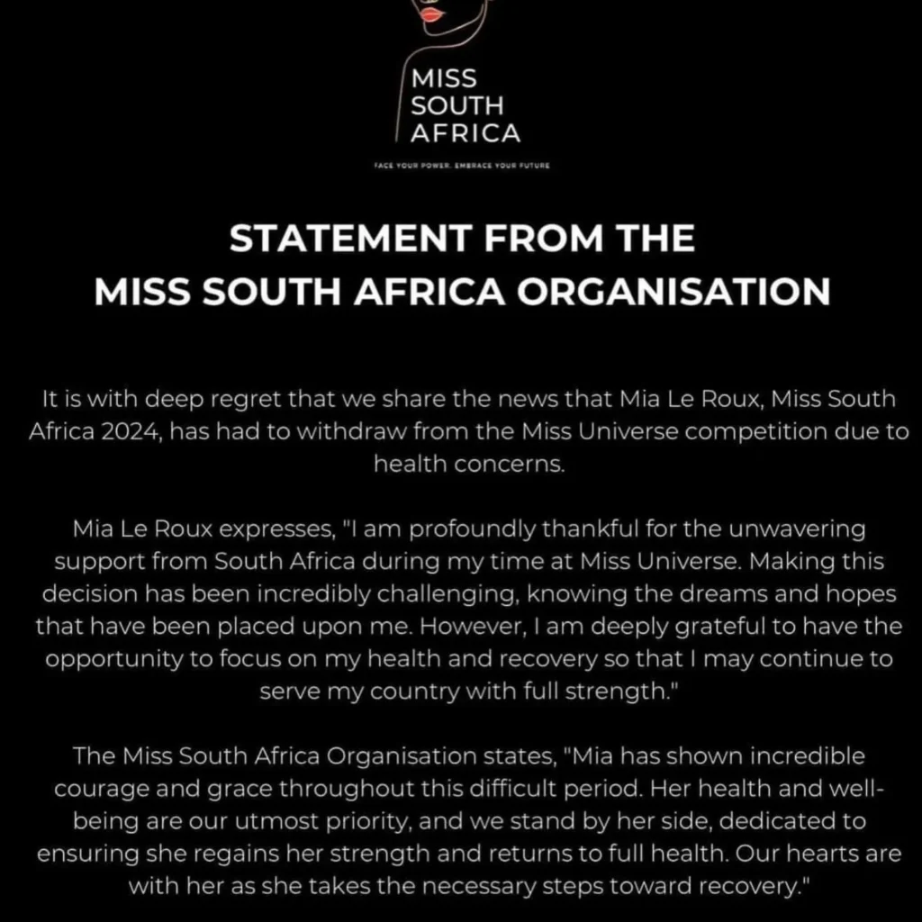 Mia le Roux Steps Down from Miss Universe: Health Concerns Unveiled