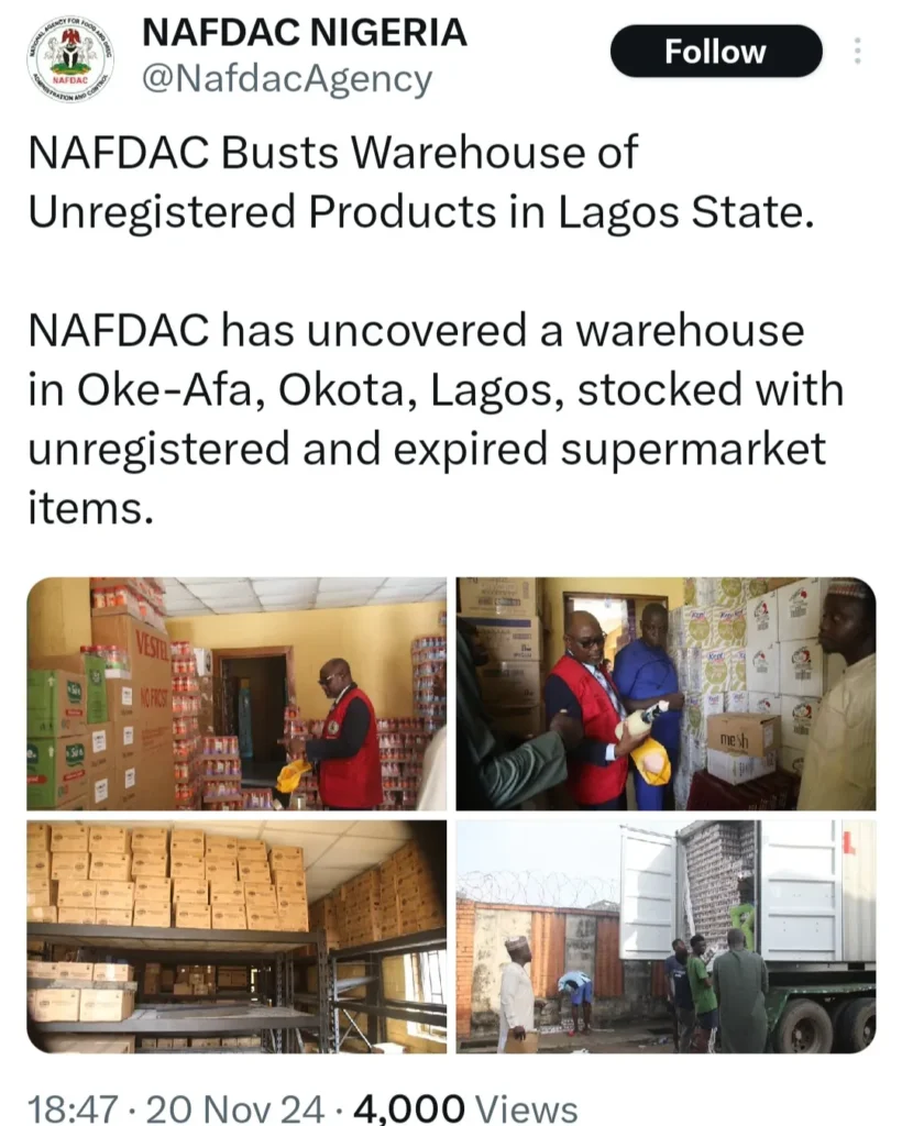 NAFDAC Raids Lagos Warehouse, Discovers Unregistered and Expired Products