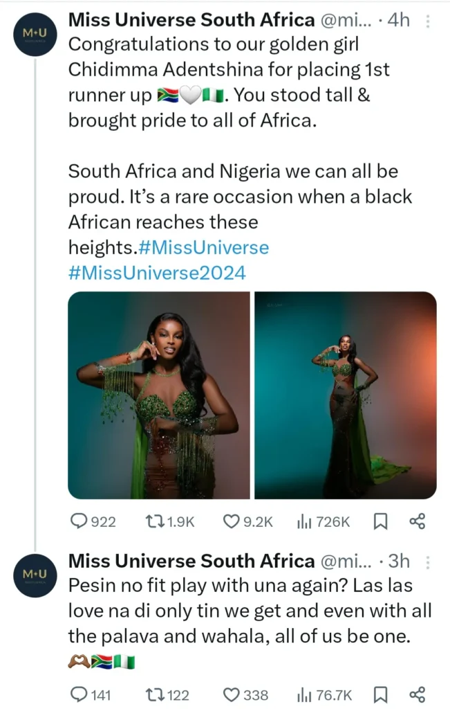 Nigerians React as South African Handle 'All of Us Be One' Claims Miss Universe Nigeria in Pidgin Tweets