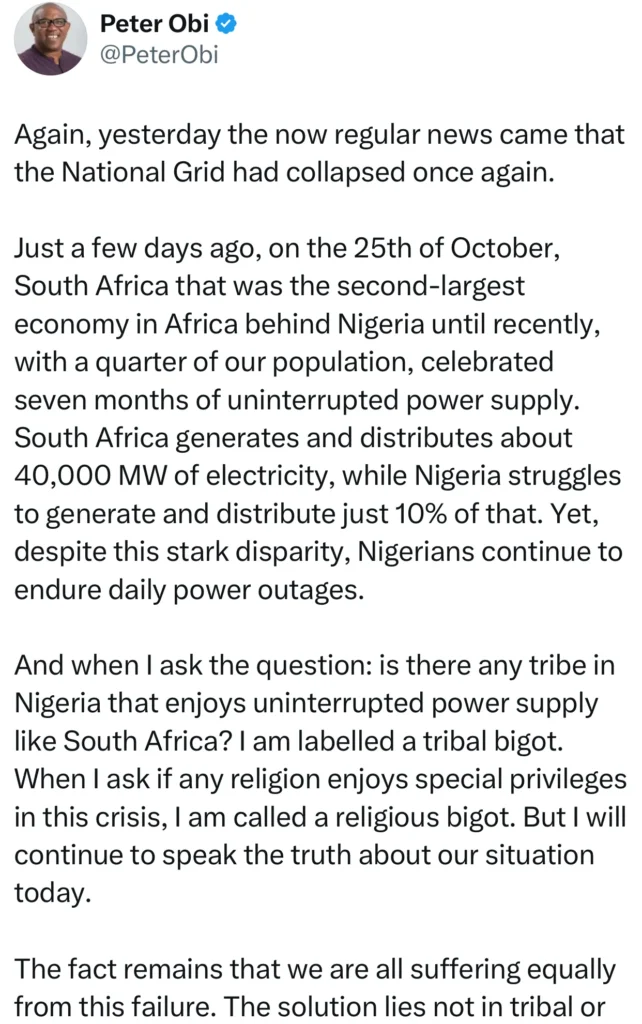 Peter Obi's Insights: Understanding the Regular National Grid Collapse in Nigeria