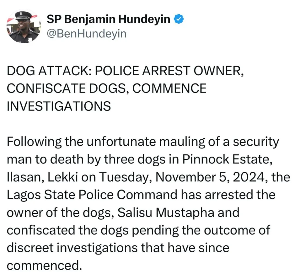 Police Seize Dogs After Fatal Attack on Security Guard in Lagos Estate