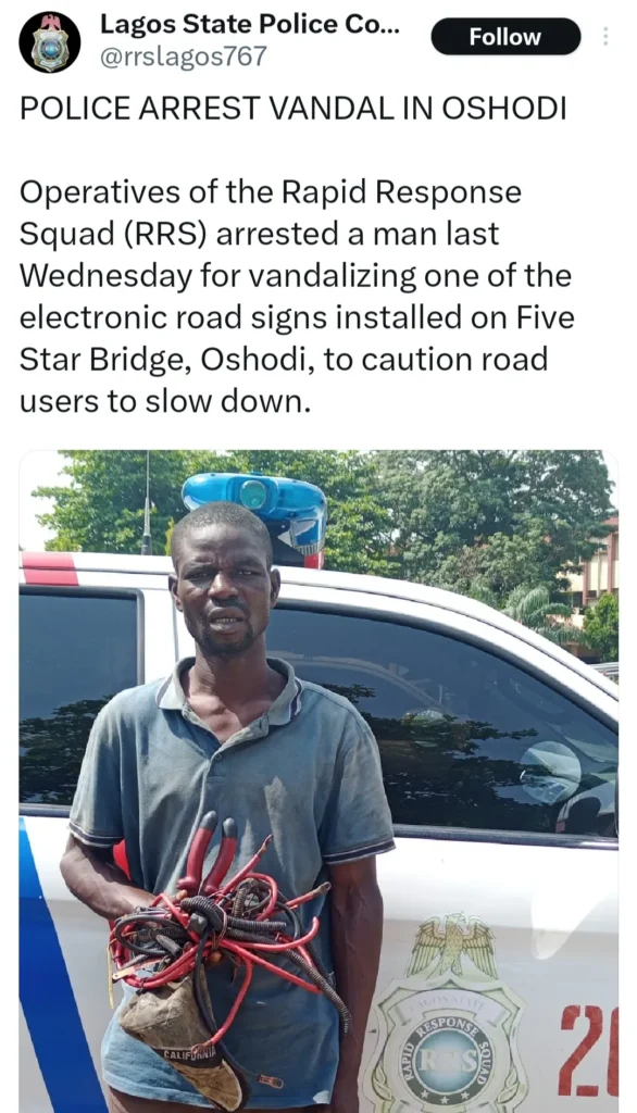 Police in Lagos Apprehend Man, 30, for Electronic Road Sign Vandalism