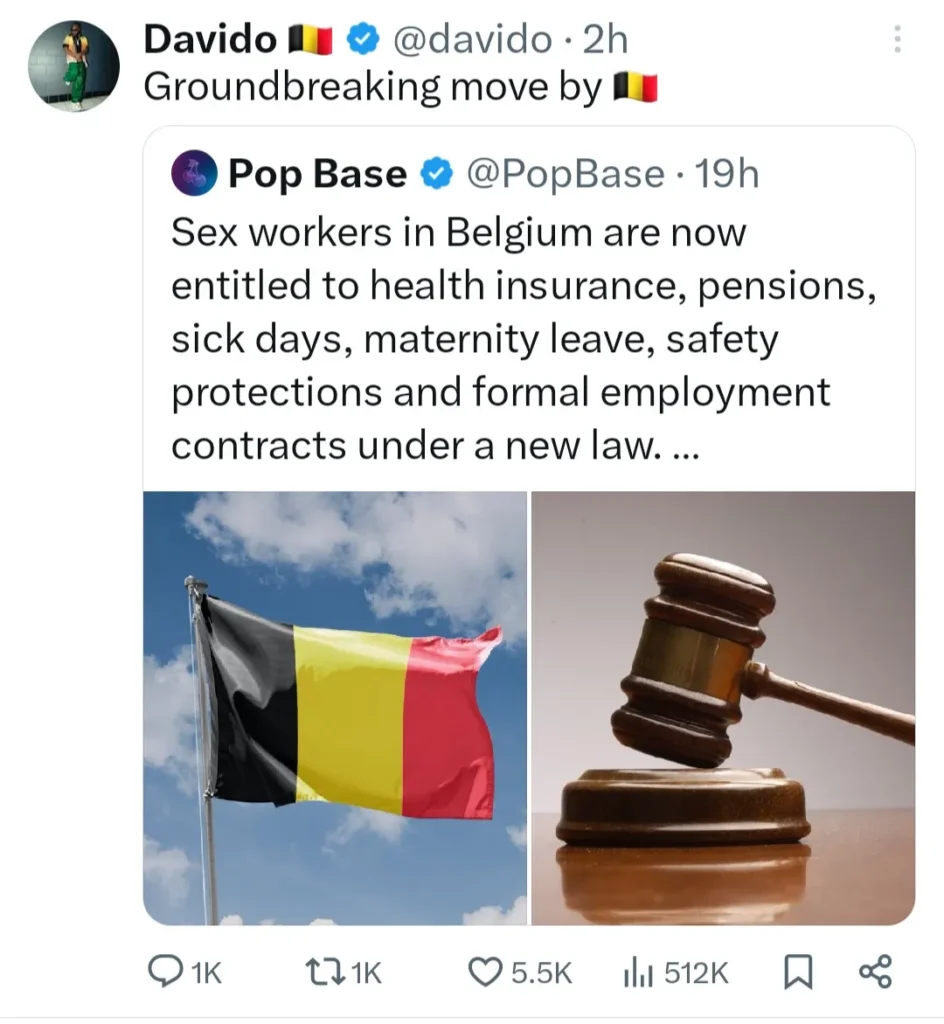 Davido Praises Belgium's Progressive Law Granting Pensions to Sex Workers