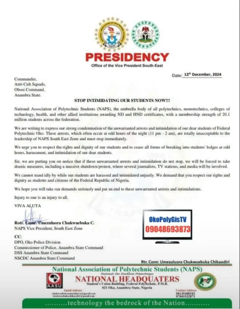 Federal Polytechnic Oko Students Demand Justice After Hostel Raids by Anti-Cultism Squad