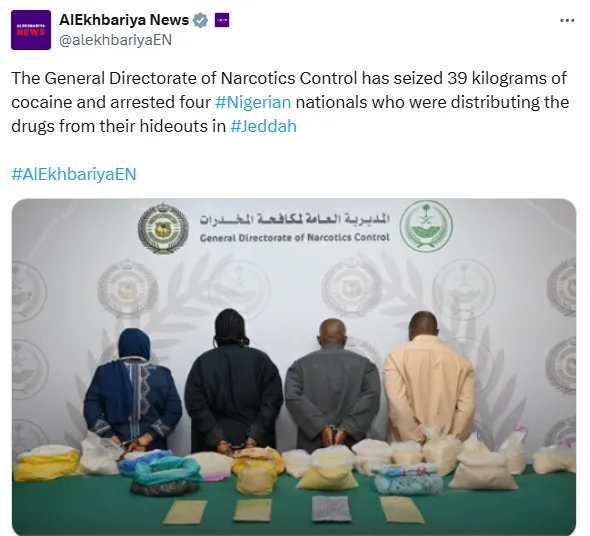 Four Nigerians Detained: 39kg Cocaine Bust in Saudi Arabia