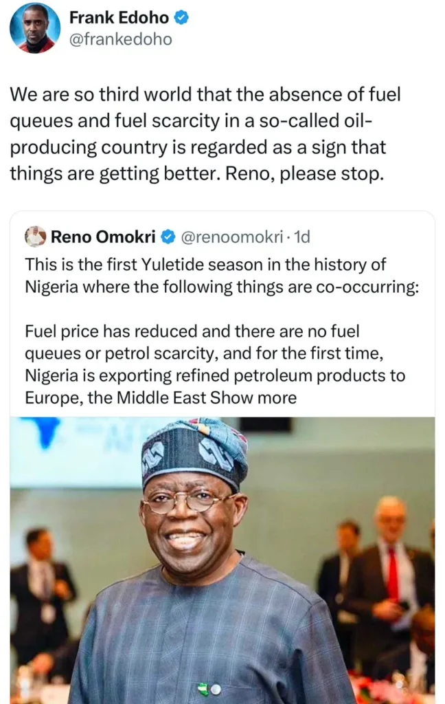 Frank Edoho Criticizes Reno Omokri: The Truth Behind Nigeria's Fuel Queue Controversy