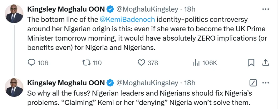 Moghalu Explains Why Kemi Badenoch's Identity Debate Fails to Impact Nigeria