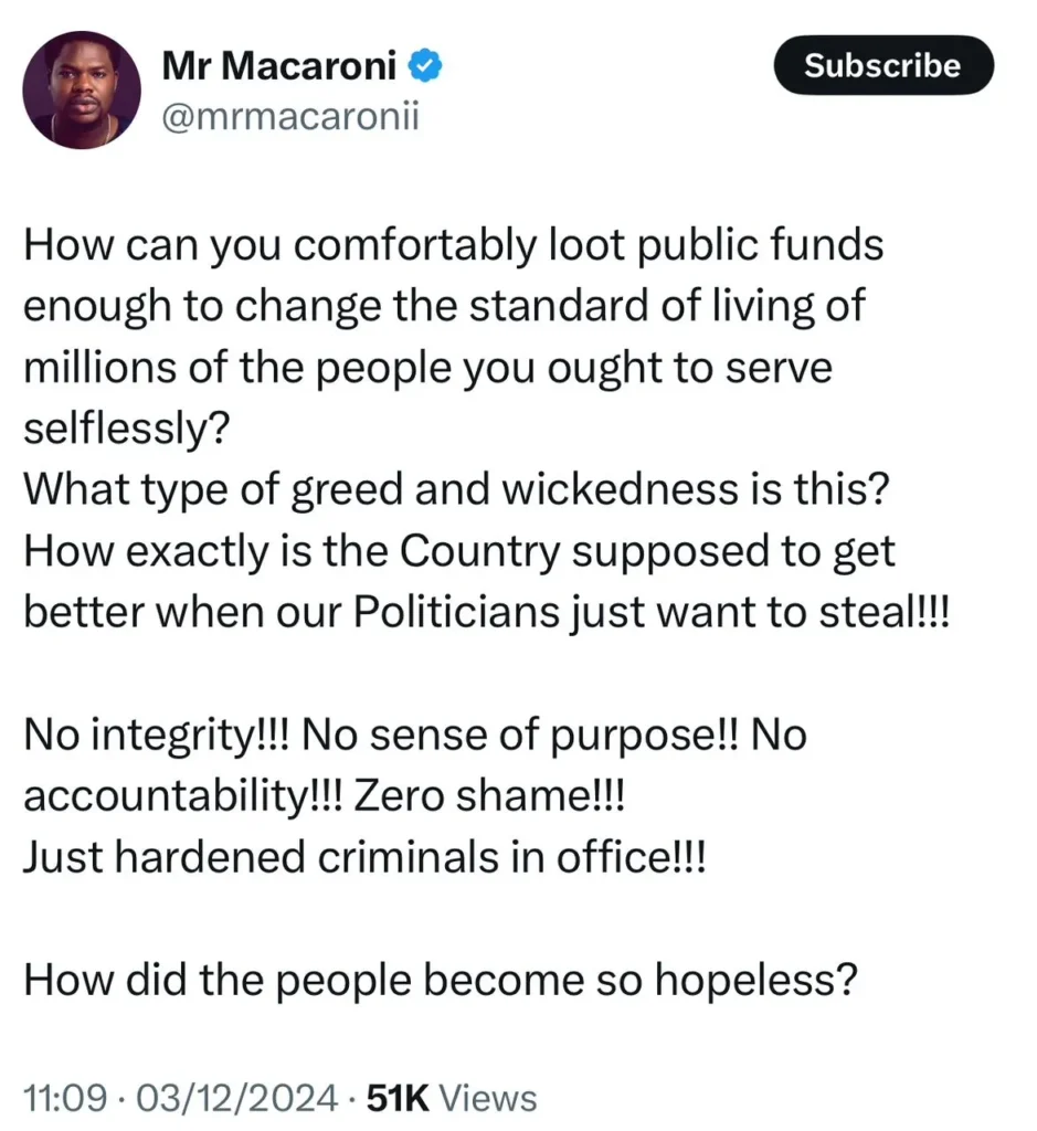 Mr Macaroni Criticizes Nigerian Politicians: No Integrity or Shame in Office