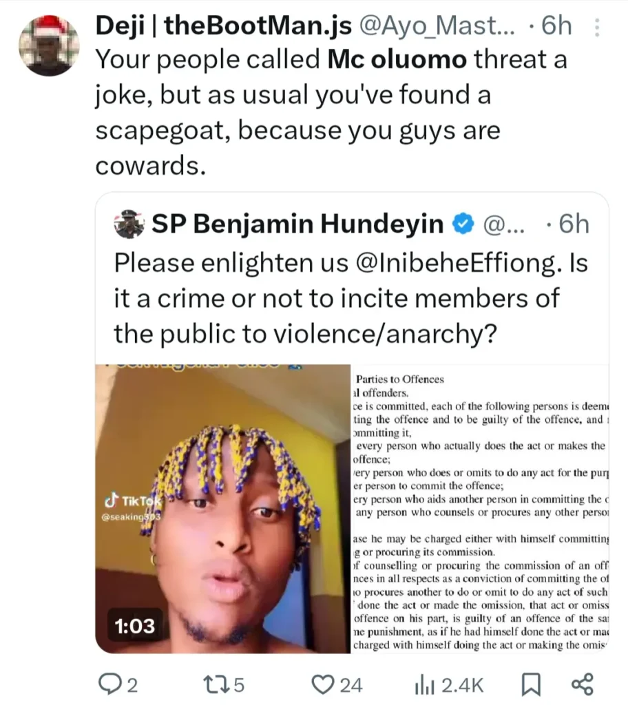 Nigerians React to Lagos Police PRO's Tweet on TikToker Seaking's Arrest Linked to MC Oluomo