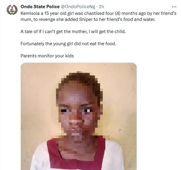 Ondo Police Arrest Teen Girl for Poisoning Friend with Sniper