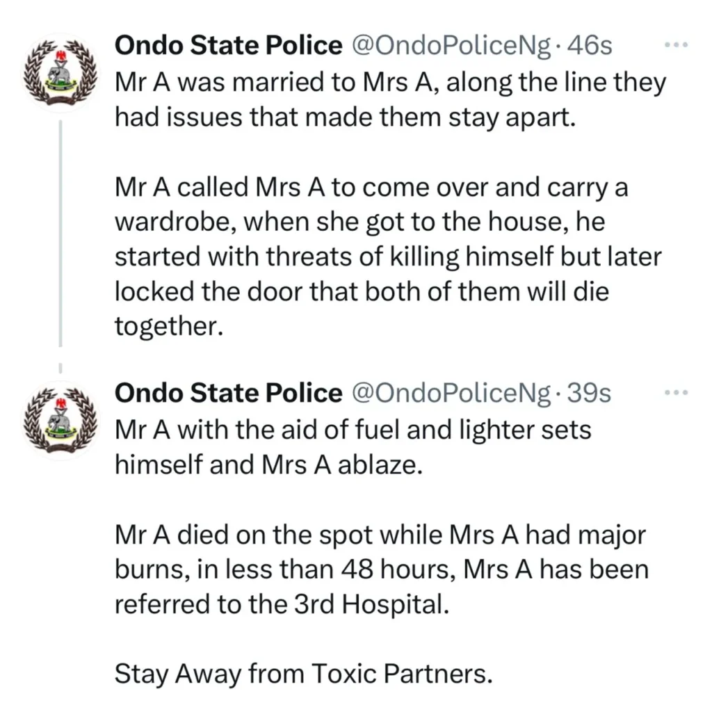 Ondo Police Warn Against Toxic Partnerships After Tragic Blaze Incident