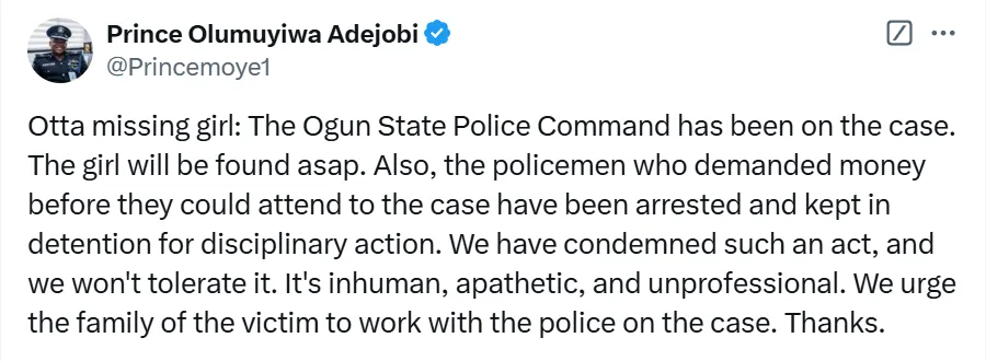 Police Officers Arrested for Demanding Bribe in Missing Girl Case in Ogun