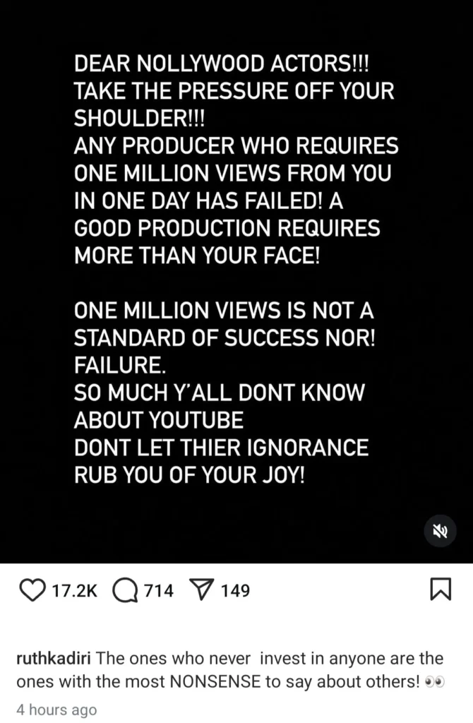 Ruth Kadiri Exposes Unfair Pressure on Actors for YouTube Views