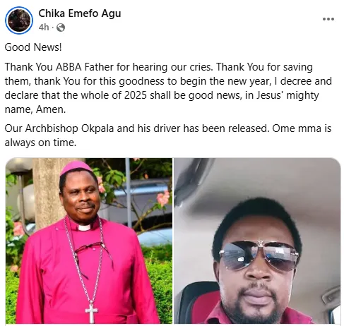 Abducted Retired Anglican Archbishop and Driver Freed After 25 Days
