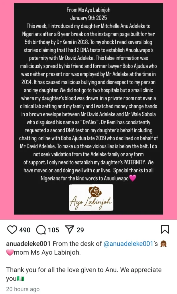Anu Adeleke’s Mother Breaks Silence on Davido Paternity Test Controversy